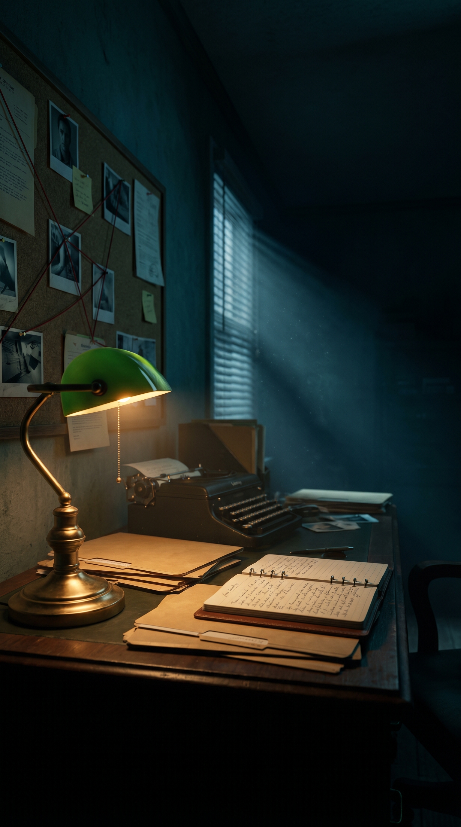 Cinematic noir scene — investigator's desk with case files, vintage typewriter, brass lamp pool of light