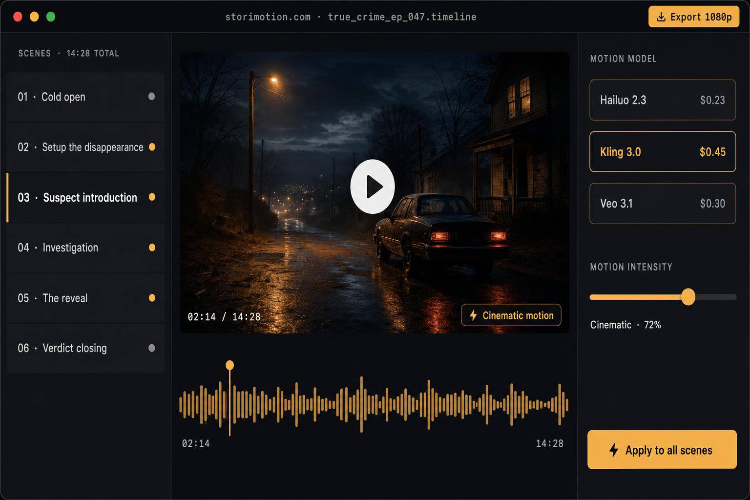 StoriMotion product UI — three-column dashboard with scene timeline, video preview, and motion controls